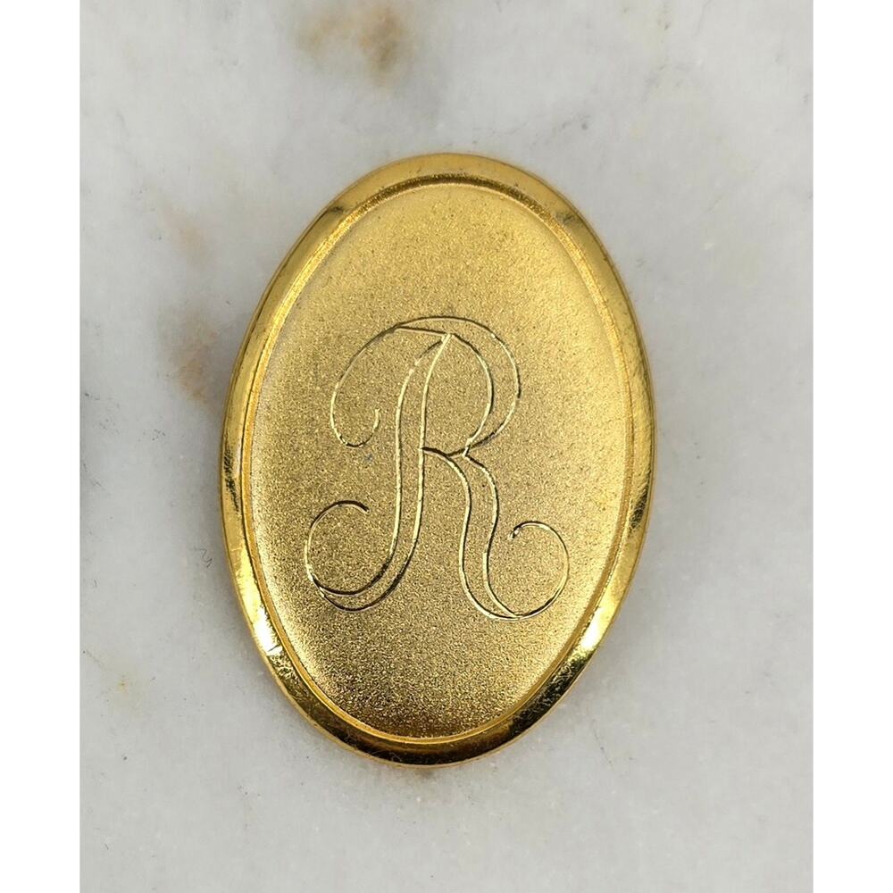 Vintage Gold‎ Tone Initial R Monogram Brooch – Mid Century Minimalist Oval Pin